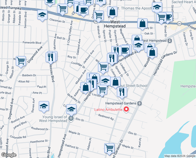 map of restaurants, bars, coffee shops, grocery stores, and more near 303 Coolidge Street in West Hempstead