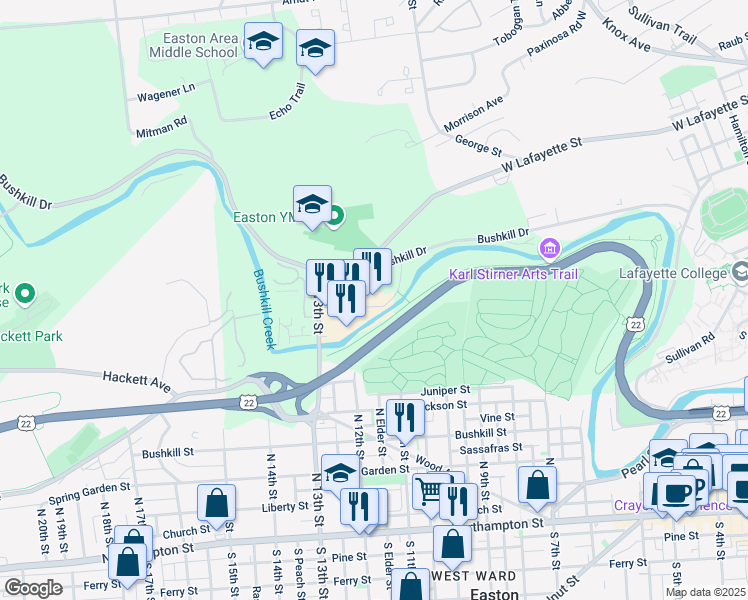 map of restaurants, bars, coffee shops, grocery stores, and more near 1247 Simon Boulevard in Easton