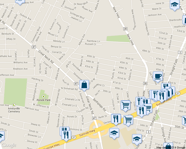 map of restaurants, bars, coffee shops, grocery stores, and more near 182 42nd Street in Copiague