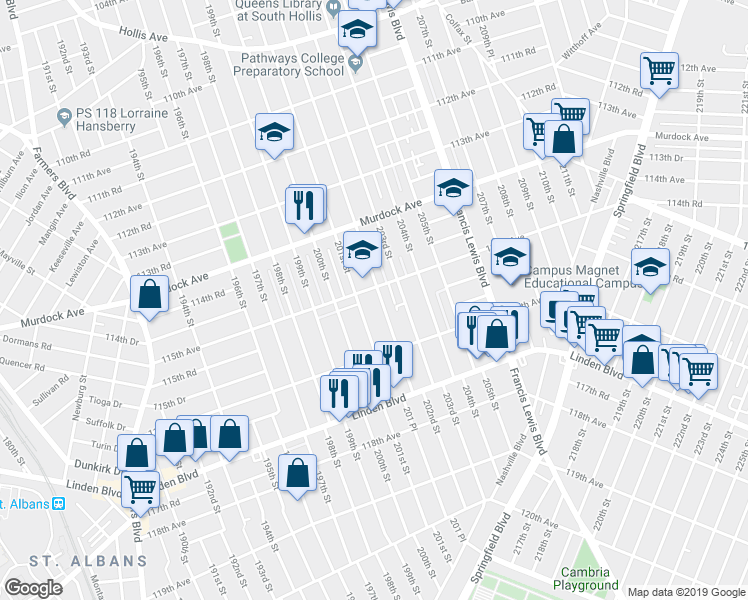map of restaurants, bars, coffee shops, grocery stores, and more near 115-10 202nd Street in Queens
