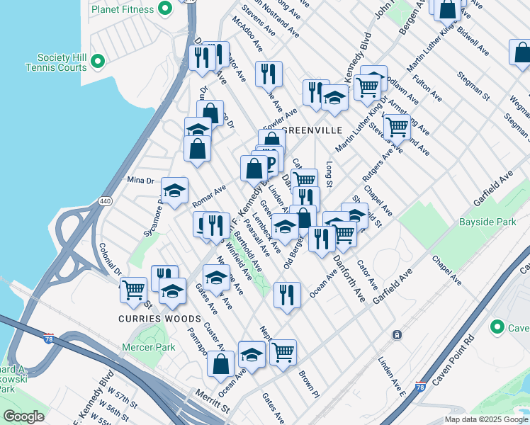 map of restaurants, bars, coffee shops, grocery stores, and more near 65 Greenville Avenue in Jersey City