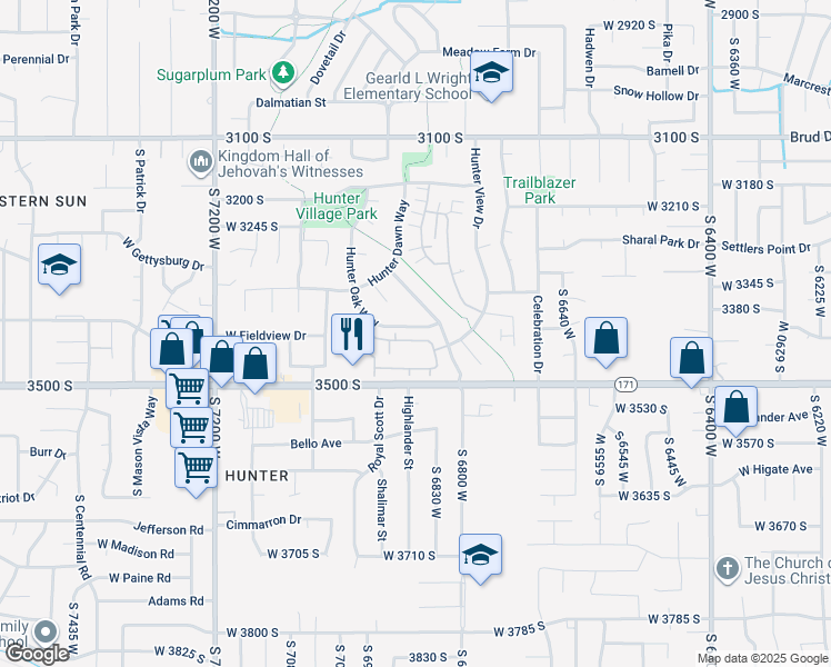 map of restaurants, bars, coffee shops, grocery stores, and more near 6878 Bamburgh Way in West Valley City