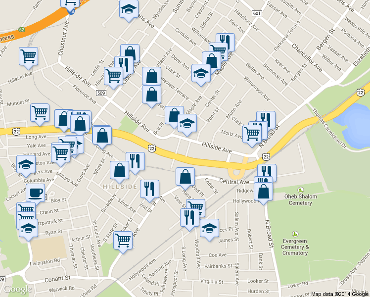 map of restaurants, bars, coffee shops, grocery stores, and more near 1386 Doremus Pl in Hillside