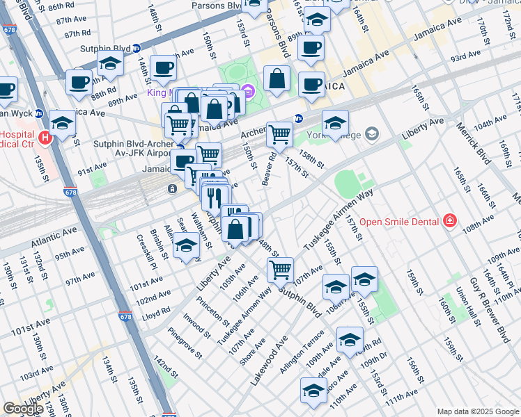 map of restaurants, bars, coffee shops, grocery stores, and more near 149-04 97th Avenue in Queens