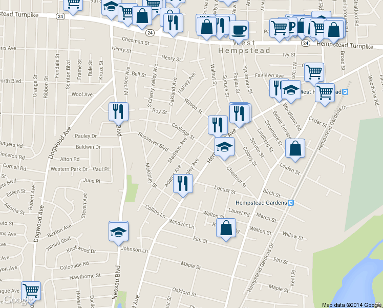 map of restaurants, bars, coffee shops, grocery stores, and more near 453 Adams Ave in West Hempstead