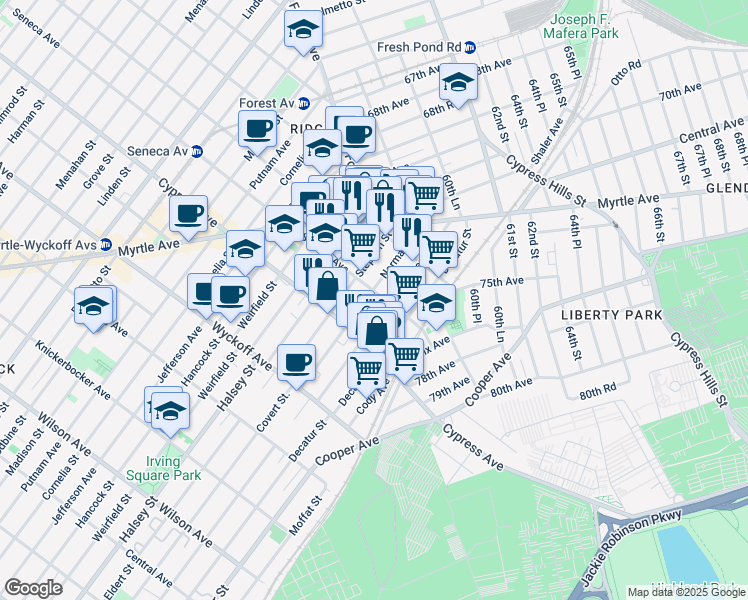 map of restaurants, bars, coffee shops, grocery stores, and more near 17-33 Norman Street in Queens