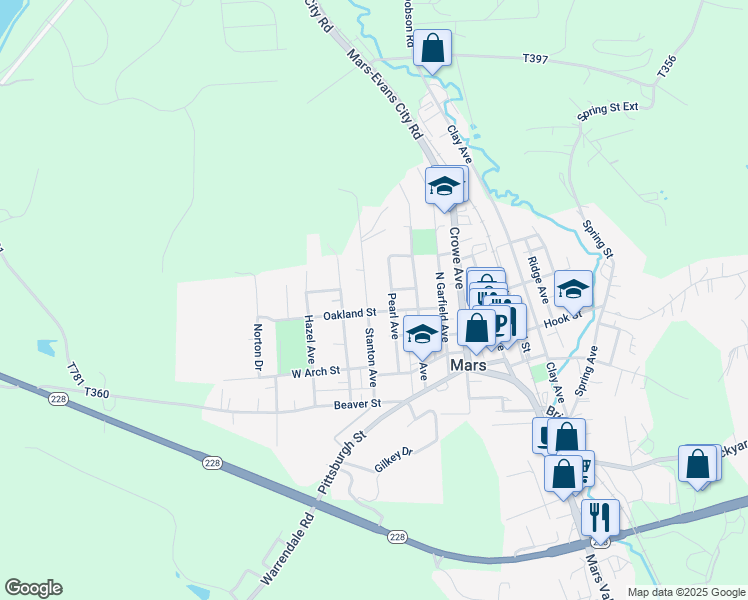 map of restaurants, bars, coffee shops, grocery stores, and more near 611 Stanton Avenue in Mars