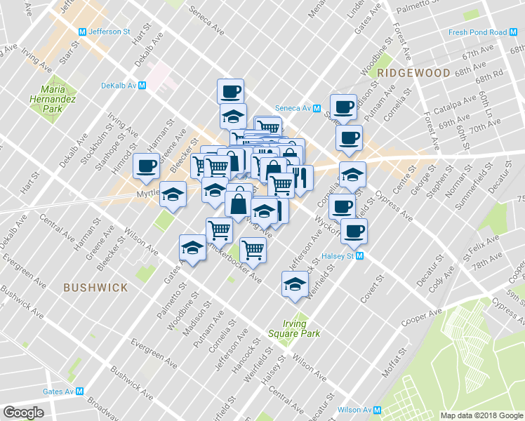 map of restaurants, bars, coffee shops, grocery stores, and more near 404 Woodbine Street in Brooklyn