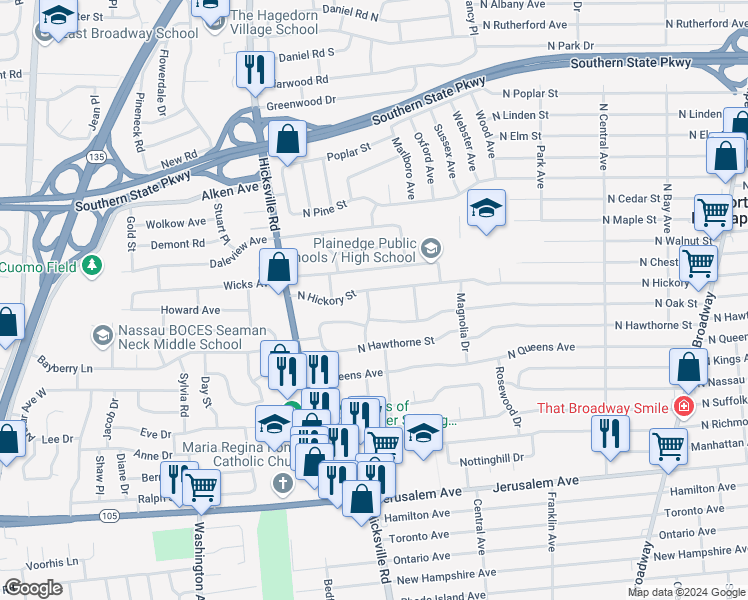 map of restaurants, bars, coffee shops, grocery stores, and more near 888 Crocus Drive in Massapequa