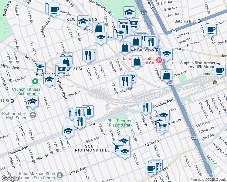 map of restaurants, bars, coffee shops, grocery stores, and more near 89-50 127th Street in Queens