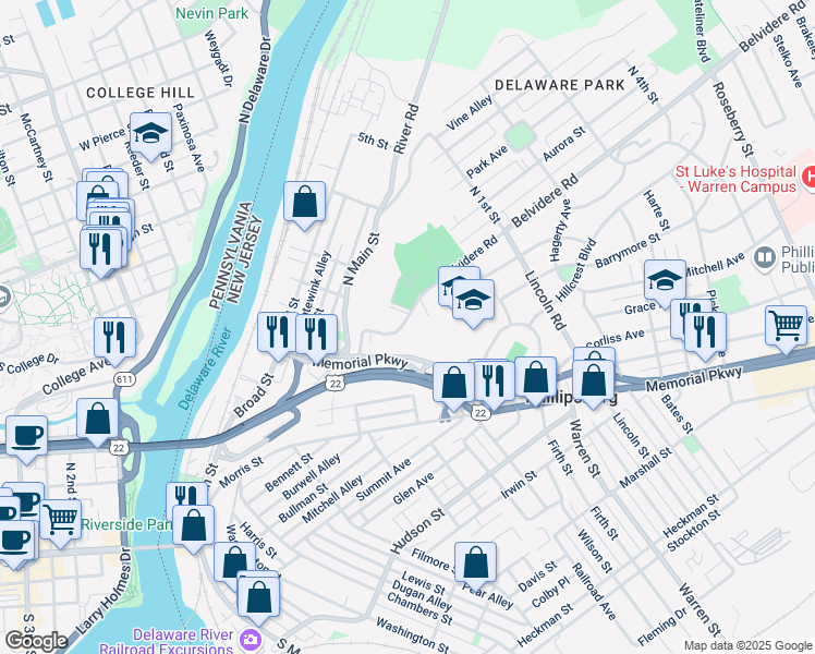 map of restaurants, bars, coffee shops, grocery stores, and more near 102 Fairview Avenue in Phillipsburg