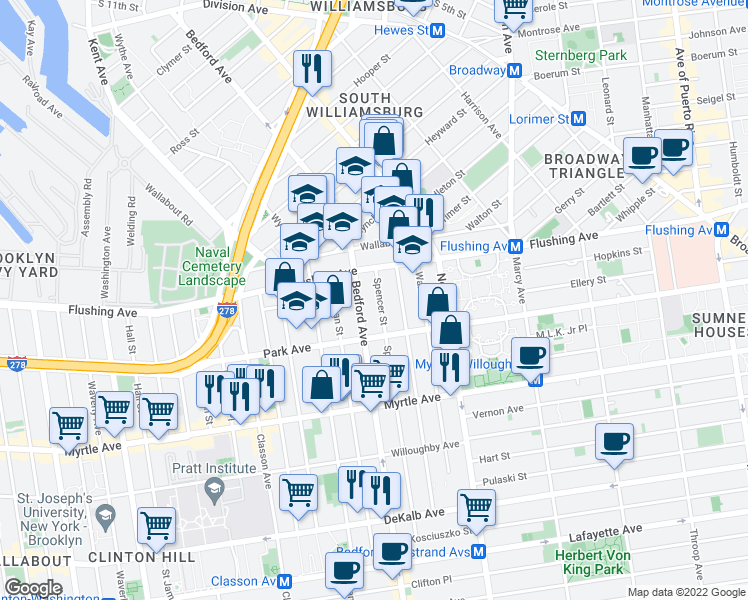 map of restaurants, bars, coffee shops, grocery stores, and more near 26 Spencer Street in Brooklyn