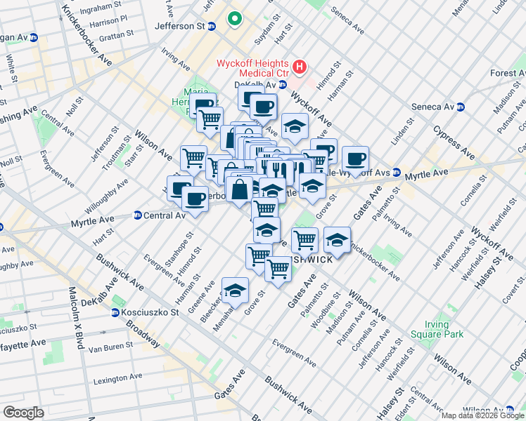 map of restaurants, bars, coffee shops, grocery stores, and more near 1291 Greene Avenue in Brooklyn