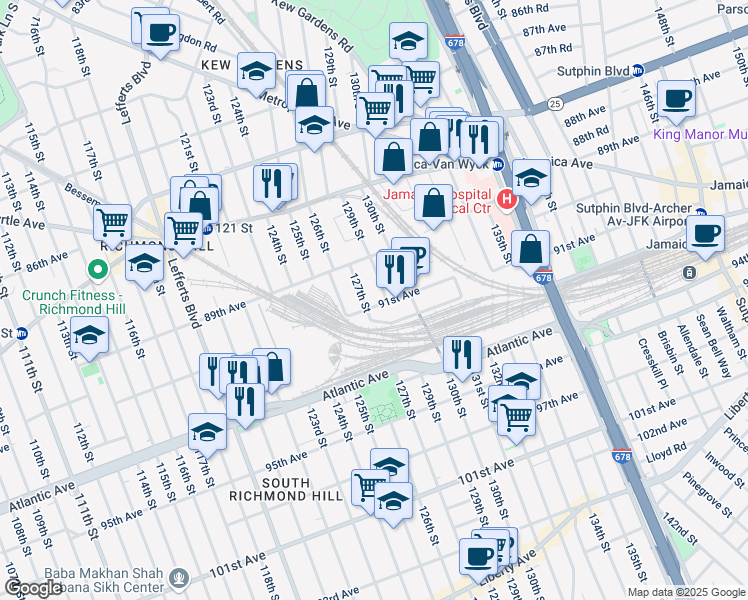 map of restaurants, bars, coffee shops, grocery stores, and more near 89-50 127th Street in Queens