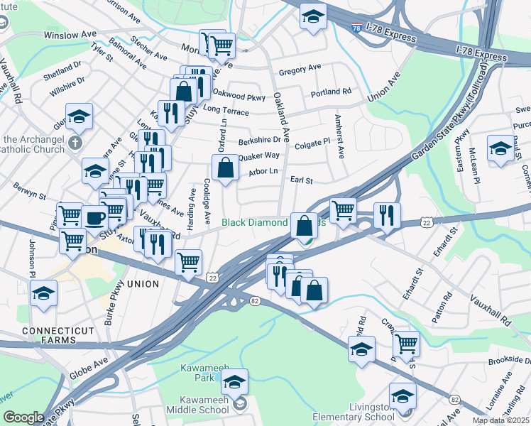 map of restaurants, bars, coffee shops, grocery stores, and more near 1815 Vauxhall Road in Union