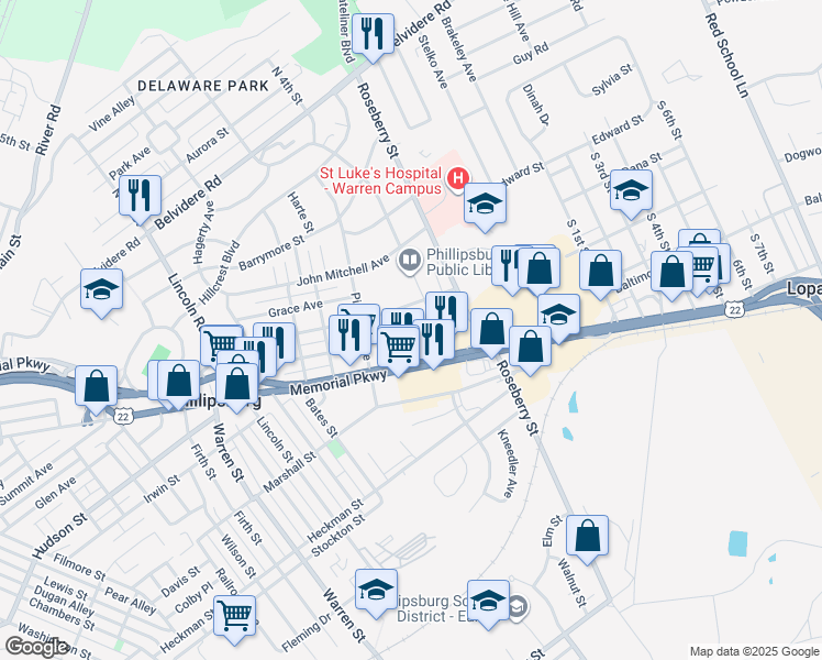 map of restaurants, bars, coffee shops, grocery stores, and more near 671 Elder Avenue in Phillipsburg