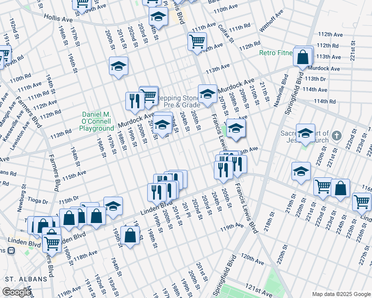 map of restaurants, bars, coffee shops, grocery stores, and more near 115-23 203rd Street in Queens