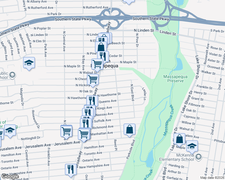 map of restaurants, bars, coffee shops, grocery stores, and more near 172 North Oak Street in Massapequa