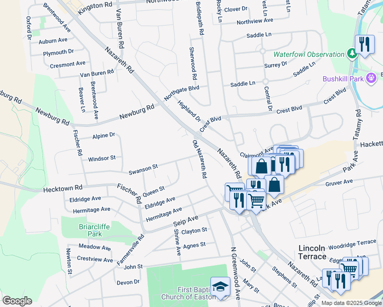 map of restaurants, bars, coffee shops, grocery stores, and more near 2607 Swanson Street in Easton