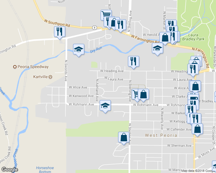 map of restaurants, bars, coffee shops, grocery stores, and more near 2704 W Wendarm Ct in West Peoria