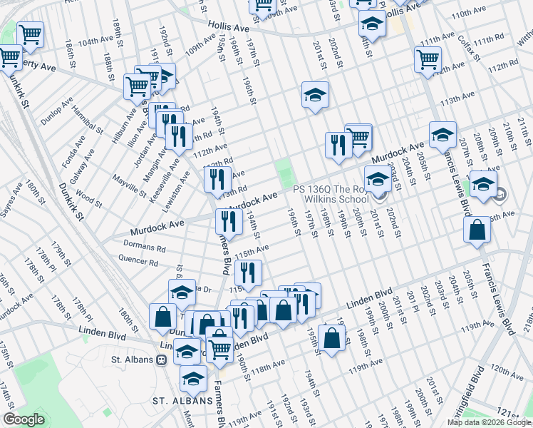 map of restaurants, bars, coffee shops, grocery stores, and more near 13 114th Road in Queens