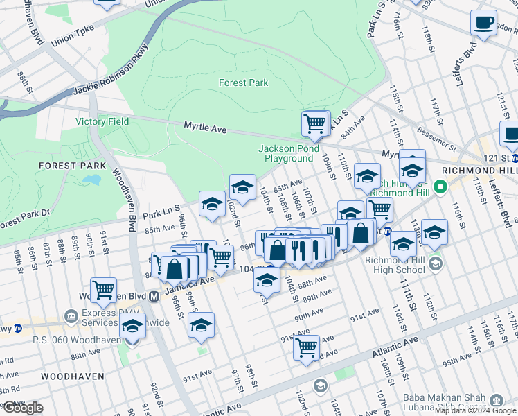 map of restaurants, bars, coffee shops, grocery stores, and more near 102-39 85th Road in Queens