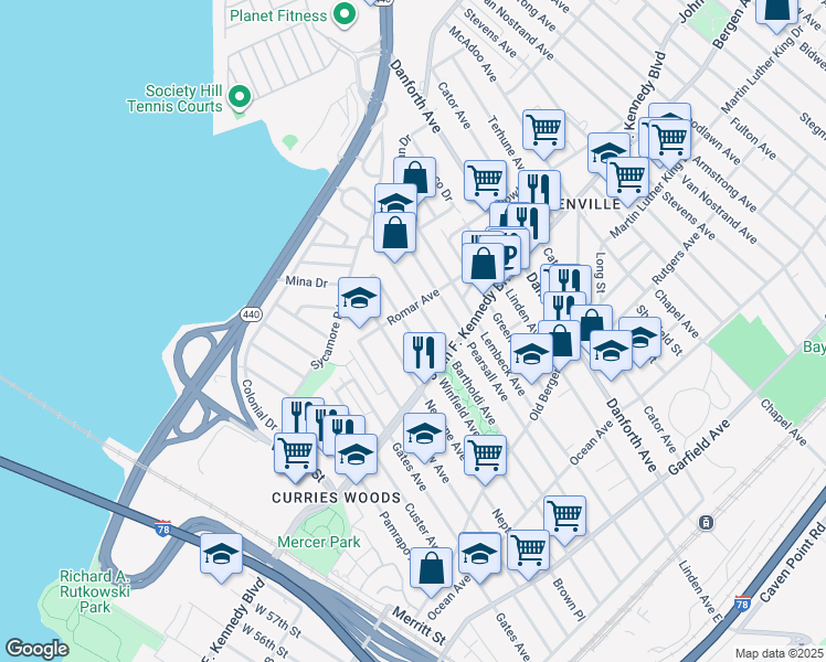map of restaurants, bars, coffee shops, grocery stores, and more near 276 Winfield Avenue in Jersey City