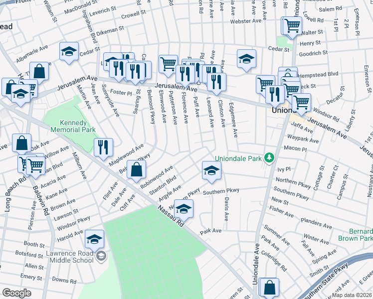 map of restaurants, bars, coffee shops, grocery stores, and more near 99 Oakmont Avenue in Hempstead