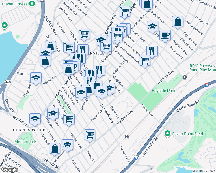 map of restaurants, bars, coffee shops, grocery stores, and more near 33 Sheffield Street in Jersey City