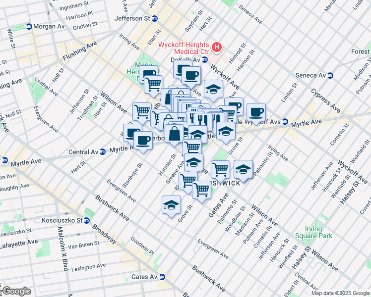map of restaurants, bars, coffee shops, grocery stores, and more near 194 Harman Street in Brooklyn