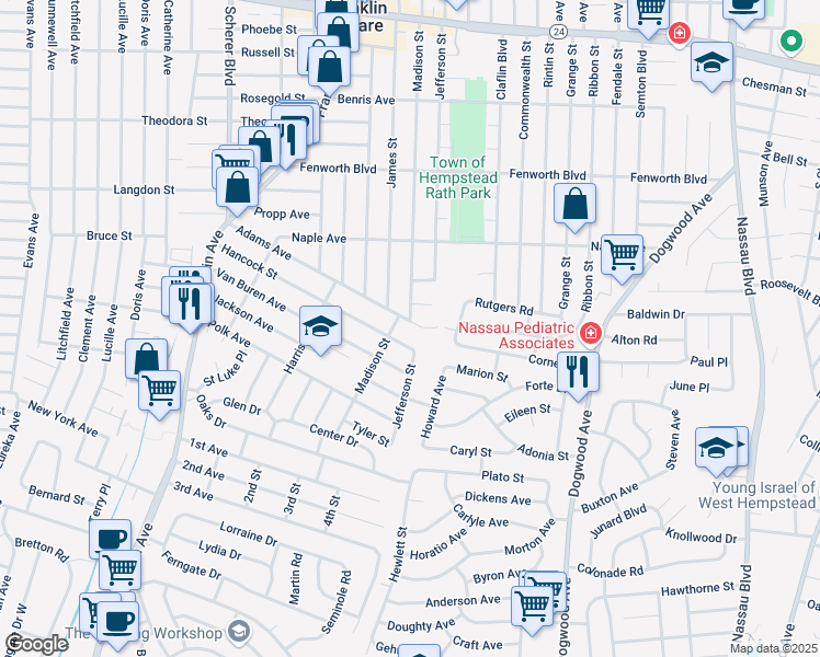 map of restaurants, bars, coffee shops, grocery stores, and more near 895 Adams Avenue in Franklin Square