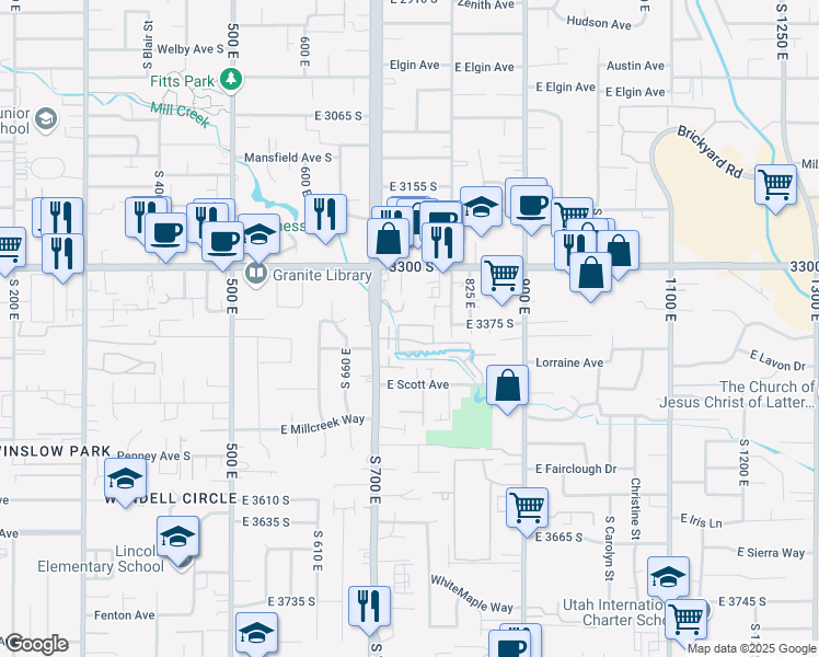 map of restaurants, bars, coffee shops, grocery stores, and more near 3379 Shady Creek Place in Salt Lake City