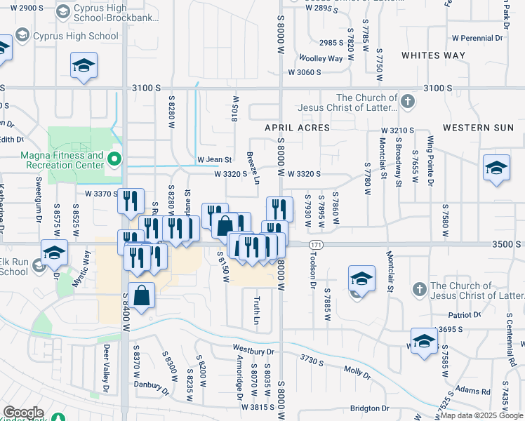 map of restaurants, bars, coffee shops, grocery stores, and more near 8048 Copperfield Place in Magna