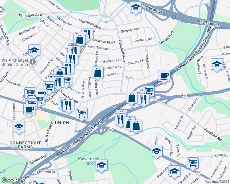 map of restaurants, bars, coffee shops, grocery stores, and more near 1815 Vauxhall Road in Union