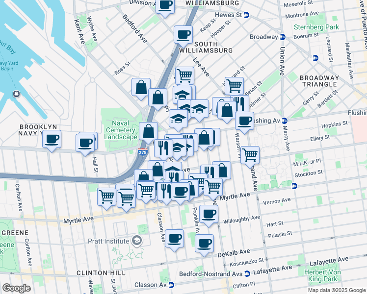 map of restaurants, bars, coffee shops, grocery stores, and more near 40 Franklin Avenue in Brooklyn