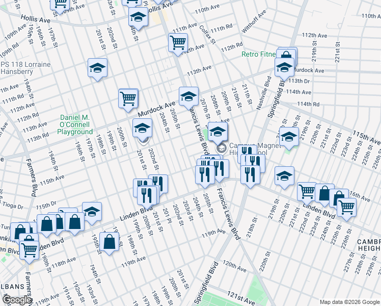 map of restaurants, bars, coffee shops, grocery stores, and more near 115-42 205th Street in Queens