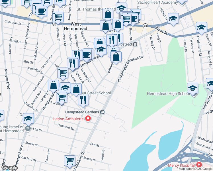 map of restaurants, bars, coffee shops, grocery stores, and more near 423 Berrywood Court in West Hempstead