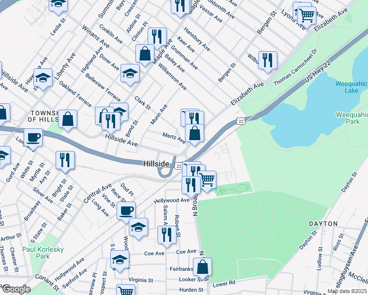 map of restaurants, bars, coffee shops, grocery stores, and more near 1414 North Broad Street in Hillside