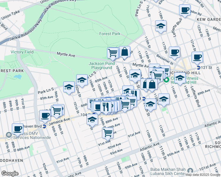map of restaurants, bars, coffee shops, grocery stores, and more near 85-48 107th Street in Queens