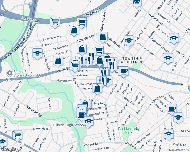 map of restaurants, bars, coffee shops, grocery stores, and more near 360 Yale Ave in Hillside