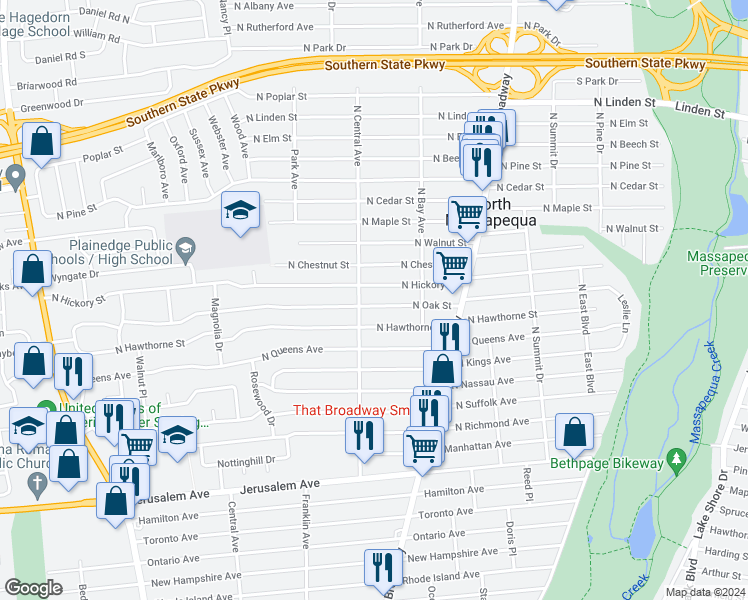 map of restaurants, bars, coffee shops, grocery stores, and more near 223 North Oak Street in Massapequa