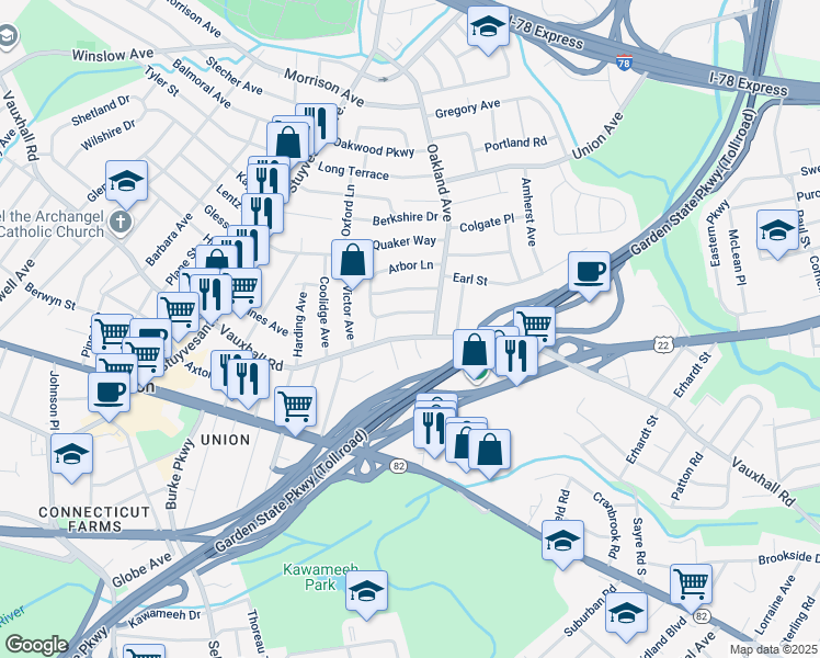 map of restaurants, bars, coffee shops, grocery stores, and more near 1815 Vauxhall Road in Union