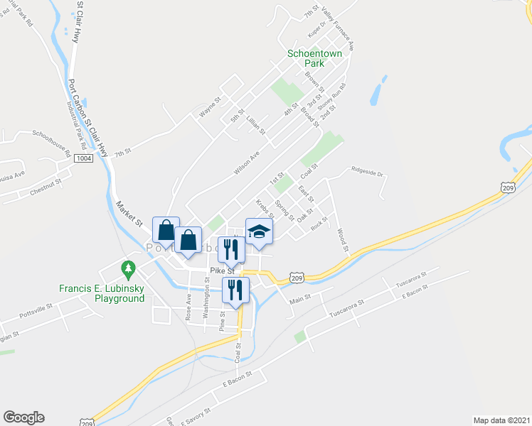 map of restaurants, bars, coffee shops, grocery stores, and more near 346 Coal Street in Port Carbon