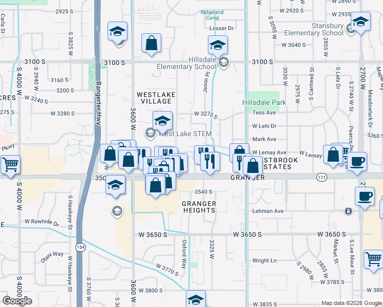 map of restaurants, bars, coffee shops, grocery stores, and more near 3427 3440 South in West Valley City