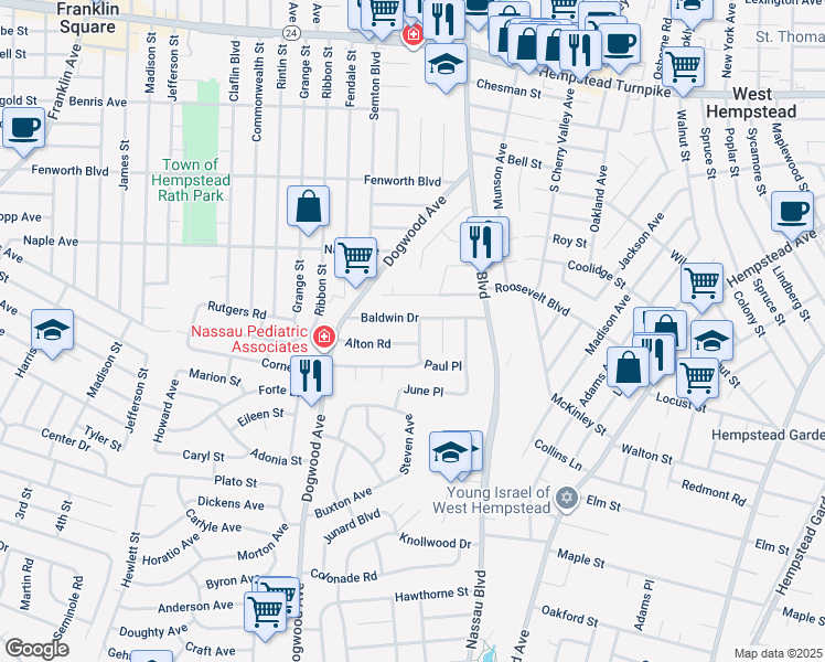 map of restaurants, bars, coffee shops, grocery stores, and more near 296 Paul Pl in West Hempstead