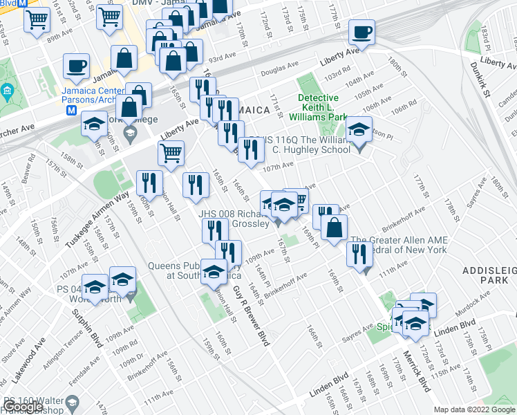 map of restaurants, bars, coffee shops, grocery stores, and more near 107-61 166th Street in Queens
