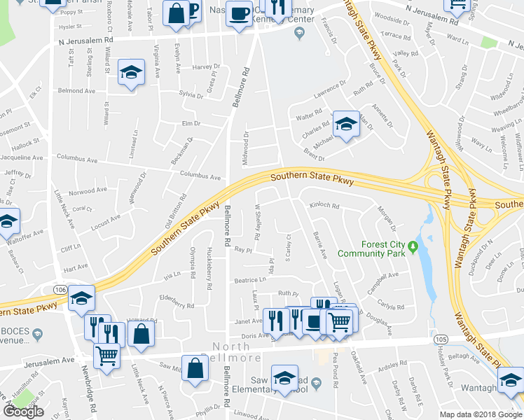 map of restaurants, bars, coffee shops, grocery stores, and more near 935 West Shelley Road in North Bellmore