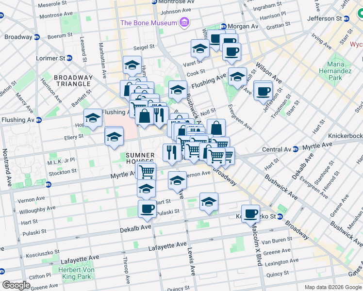 map of restaurants, bars, coffee shops, grocery stores, and more near 884 Broadway in Brooklyn