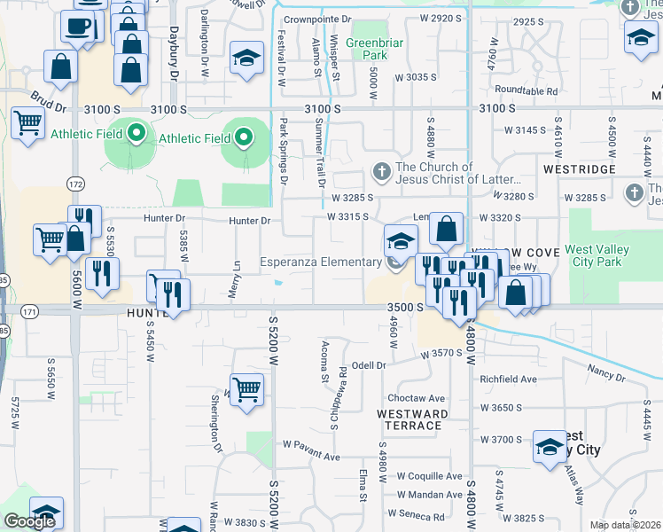 map of restaurants, bars, coffee shops, grocery stores, and more near 5087 West 3400 South in Salt Lake City