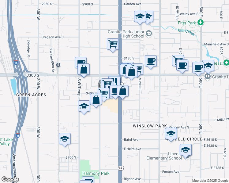 map of restaurants, bars, coffee shops, grocery stores, and more near 3370 South State Street in South Salt Lake